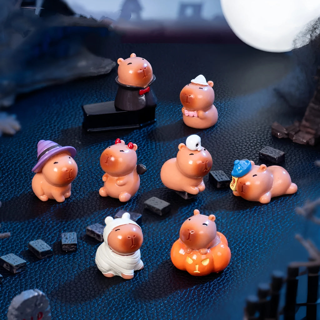 Halloween capybara resin decoration with hand-painted character design on shelf display