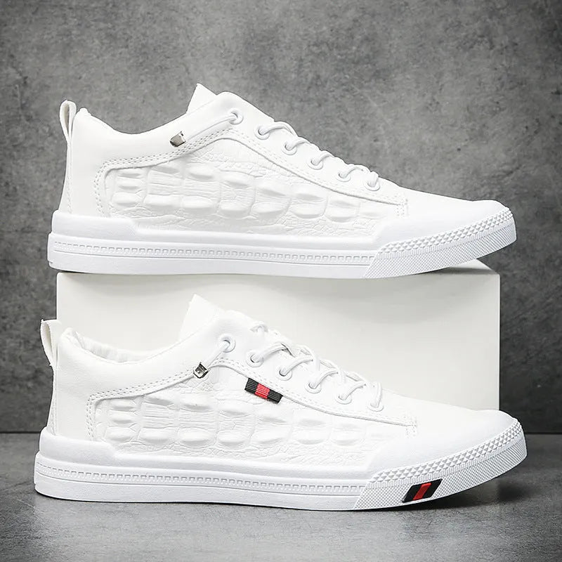 Men's white round toe lace-up sneakers with a PU leather upper and flat rubber sole.