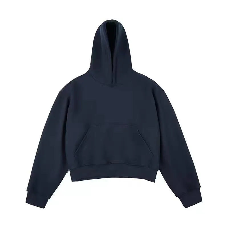 Short version Chinese cotton composite hooded sweater in dark grey with removable hood and long sleeves.