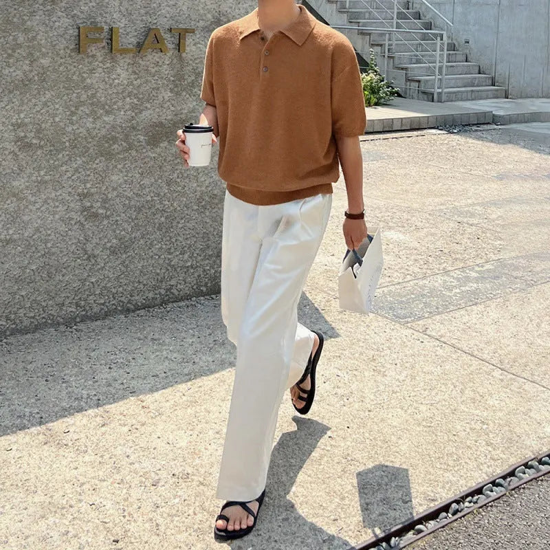 Men's retro knitted polo shirt in caramel colour with short sleeves and asymmetric styling detail
