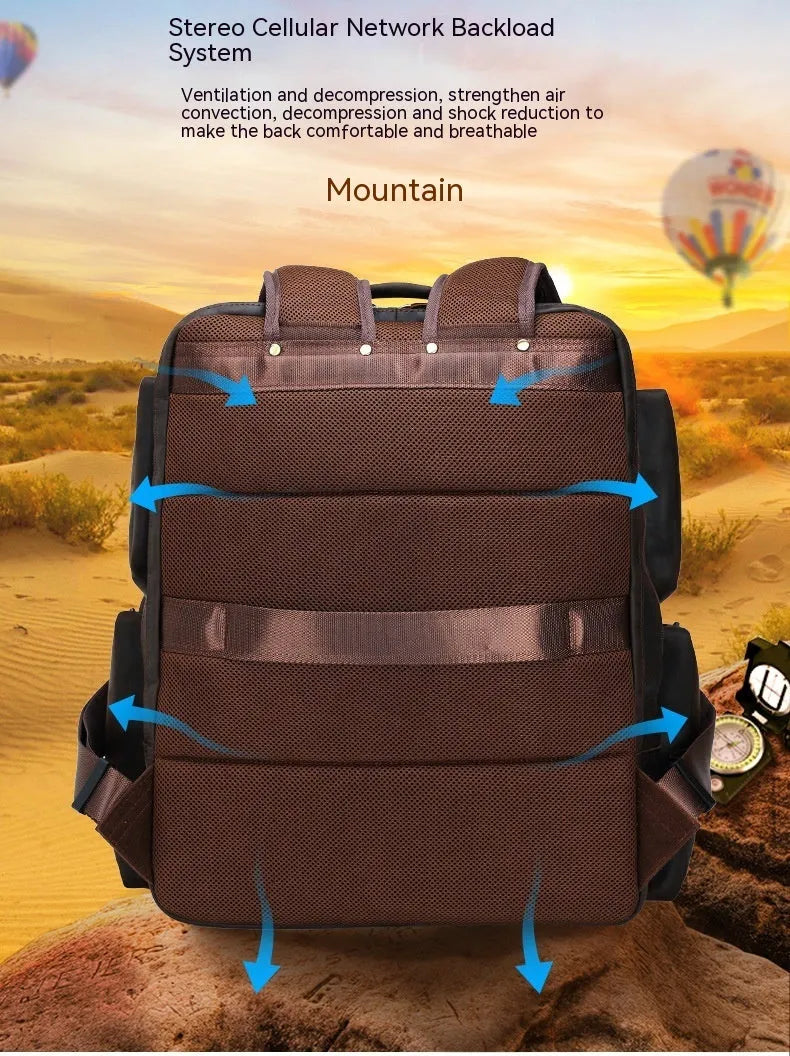 Dark brown genuine leather backpack with 17-inch laptop compartment and multiple organisational pockets