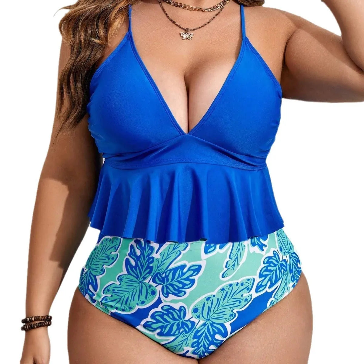 Blue women's plus size bikini swimsuit set with briefs, sizes 0XL to 4XL.