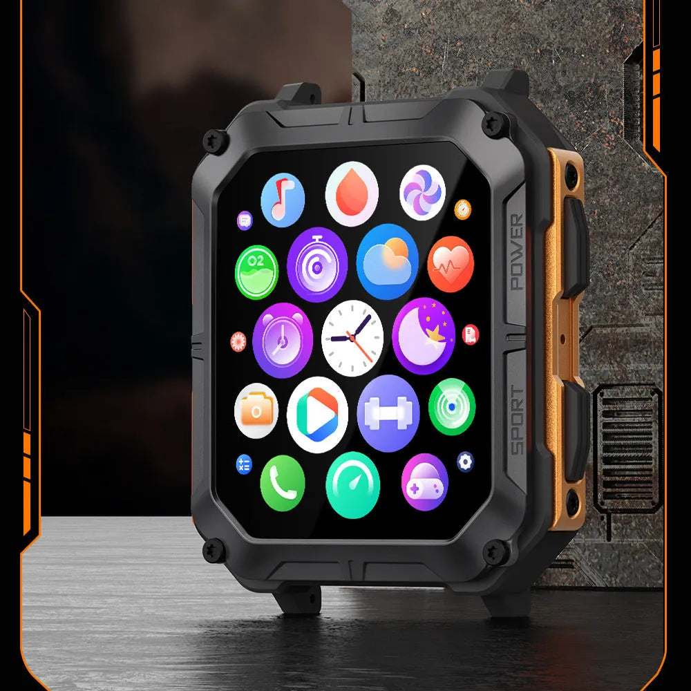 Square smart watch with aluminium case and silicone strap showing Bluetooth calling and outdoor features on screen.