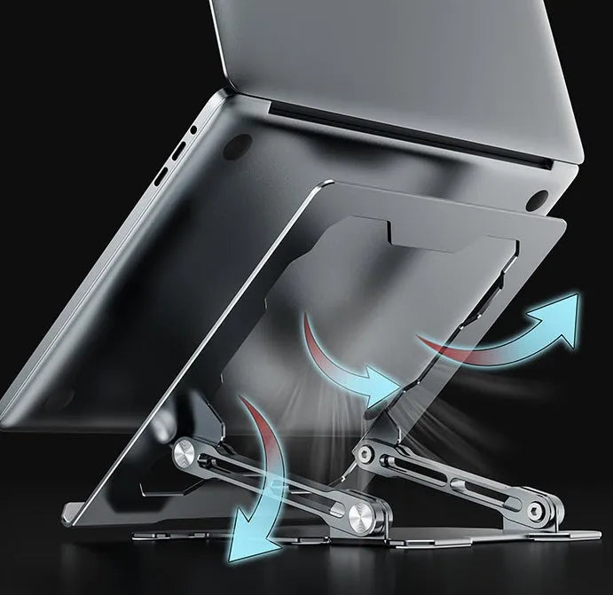 Aluminium adjustable laptop stand in folded and unfolded positions showing grey colour option