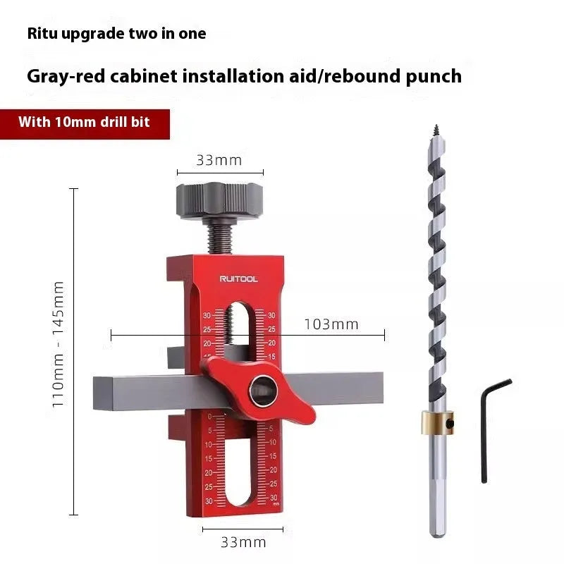 Aluminium alloy cabinet door installation aid tool for woodworking with 10mm drill hole fit.