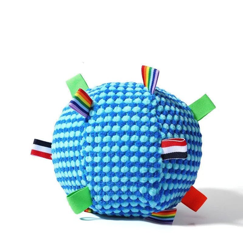 Blue rolling ring dog toy ball approximately 17cm diameter for molar exercise and interactive play