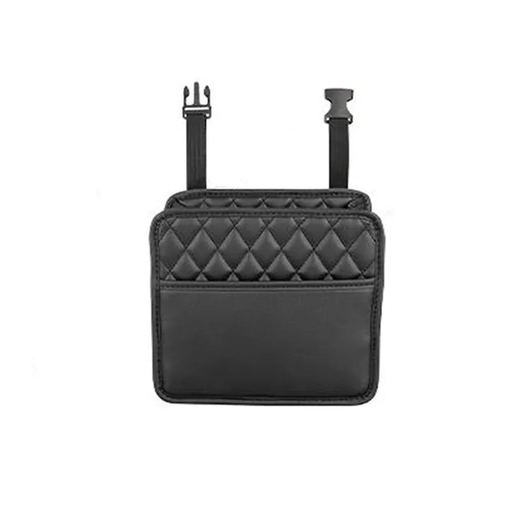 Black leather car hanging storage bag measuring 25cm square with 8cm depth