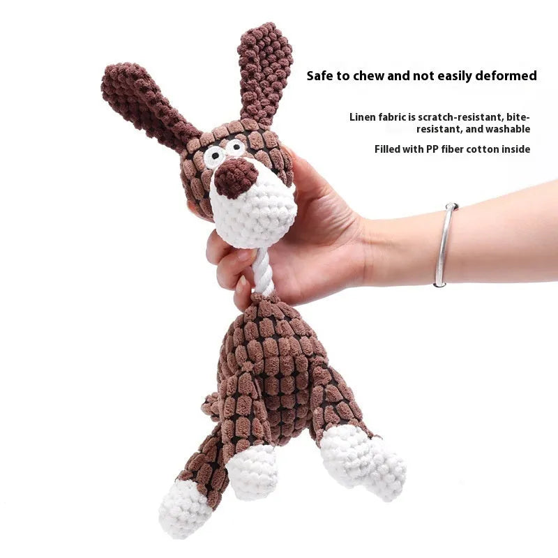 Bite-resistant puppy plush toy in animal designs including donkey, duck, elephant, and dog styles