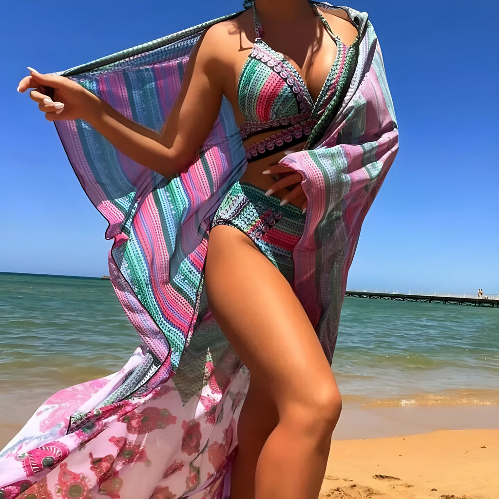 Women's cross bandage bikini swimsuit three-piece set with high waist and split veils detail