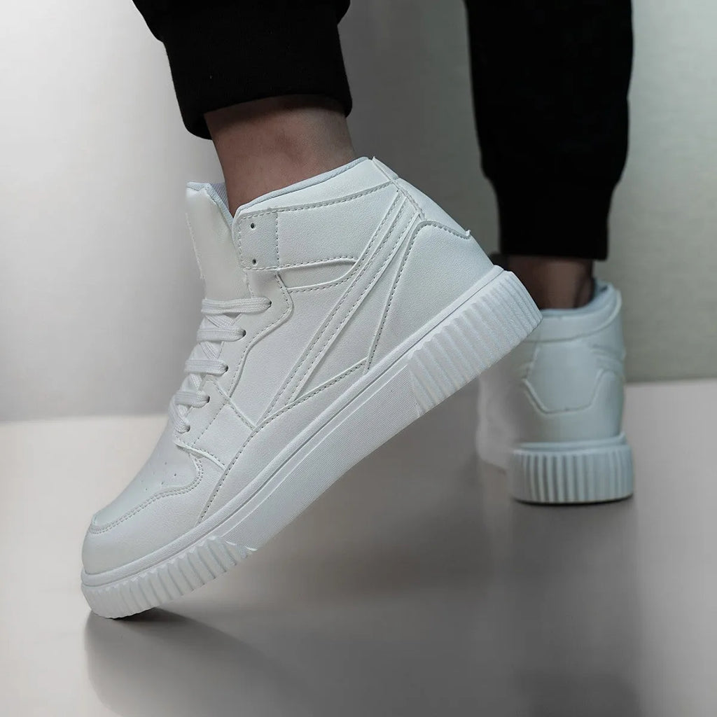 Men's solid white round-toe casual lace-up shoes with a microfiber upper.