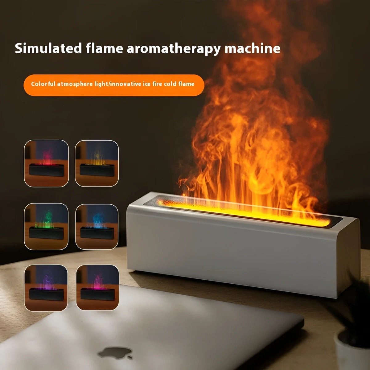 Black square USB aroma diffuser humidifier with colour-changing flame LED light and water tank on a wooden table.