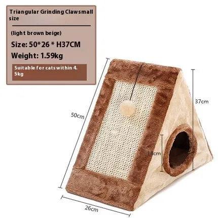 Grey and white triangle sisal scratching post for cats on a wooden floor.