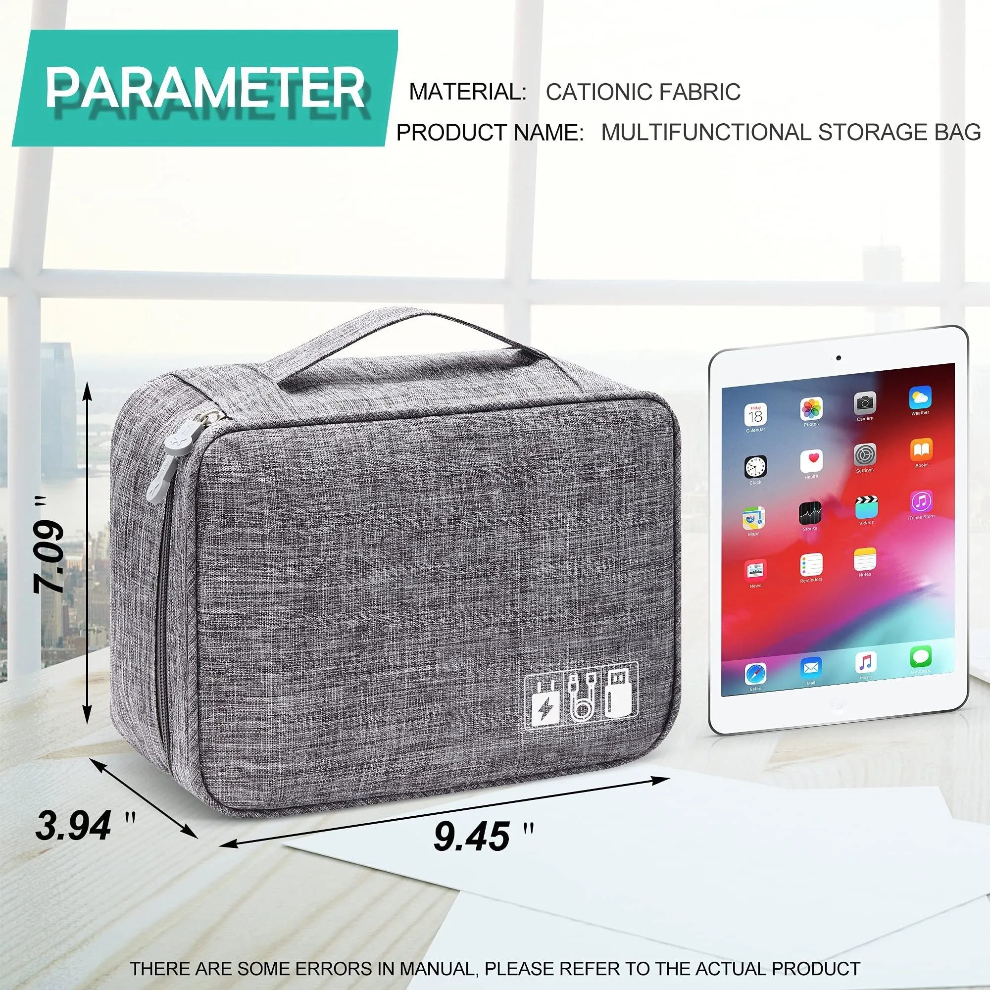 Black travel cable organiser bag open to show mesh pockets, elastic loops, and removable padded dividers inside.