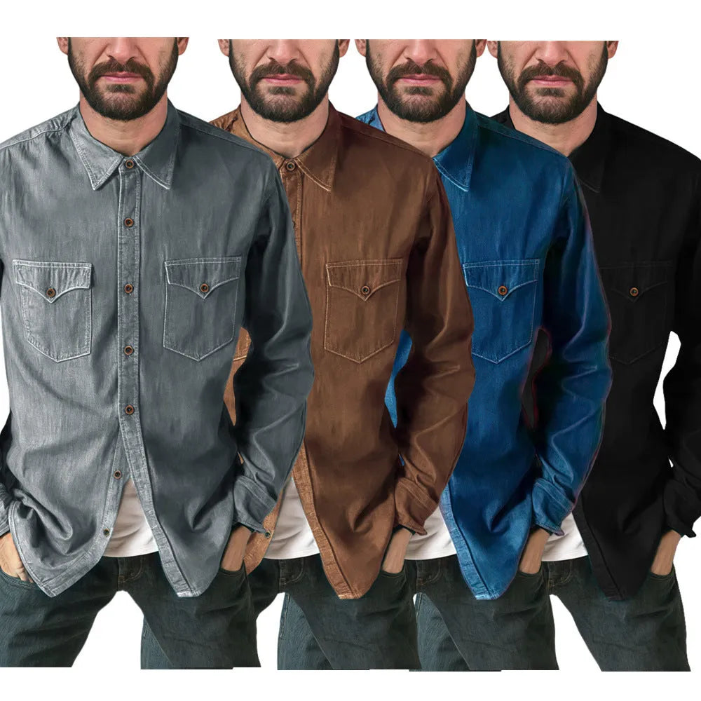 Men's regular fit denim cardigan coat in khaki, shown open over a white t-shirt.