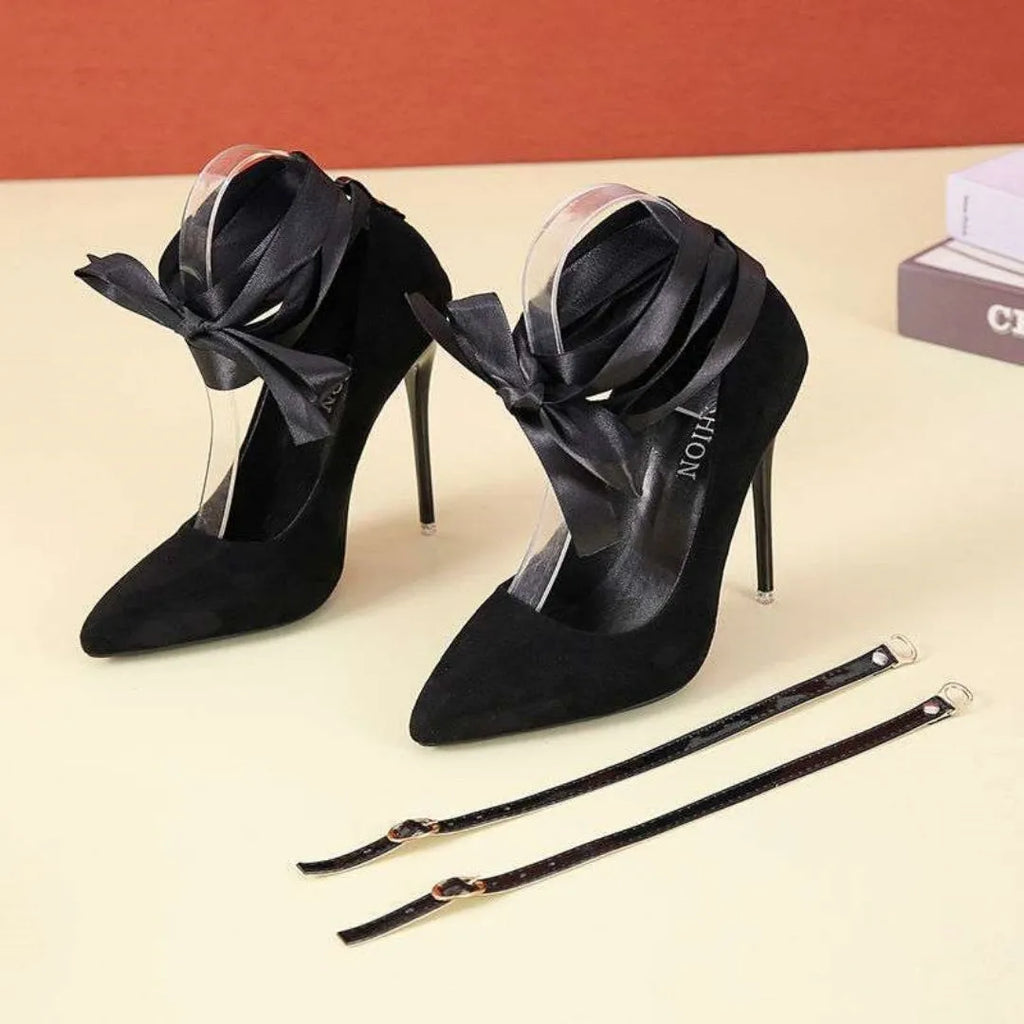 Women's black pointed toe platform heels with shallow mouth design and fabric strap