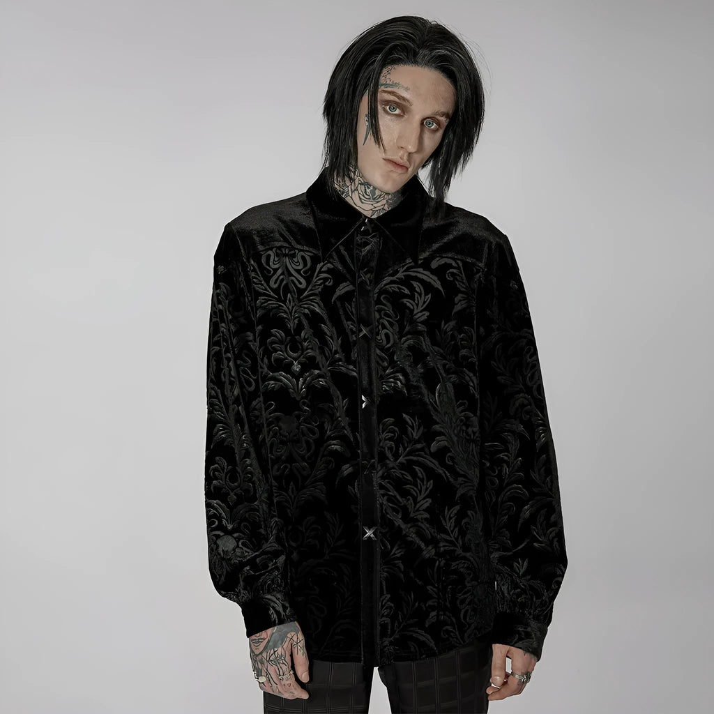 Black Gothic-style men's velvet shirt with a pointed collar and long sleeves on a hanger