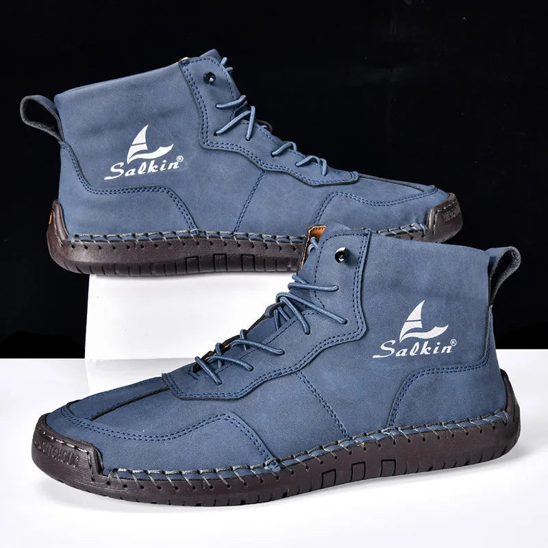 Retro high-top casual boots in beige with elastic band and flat heel