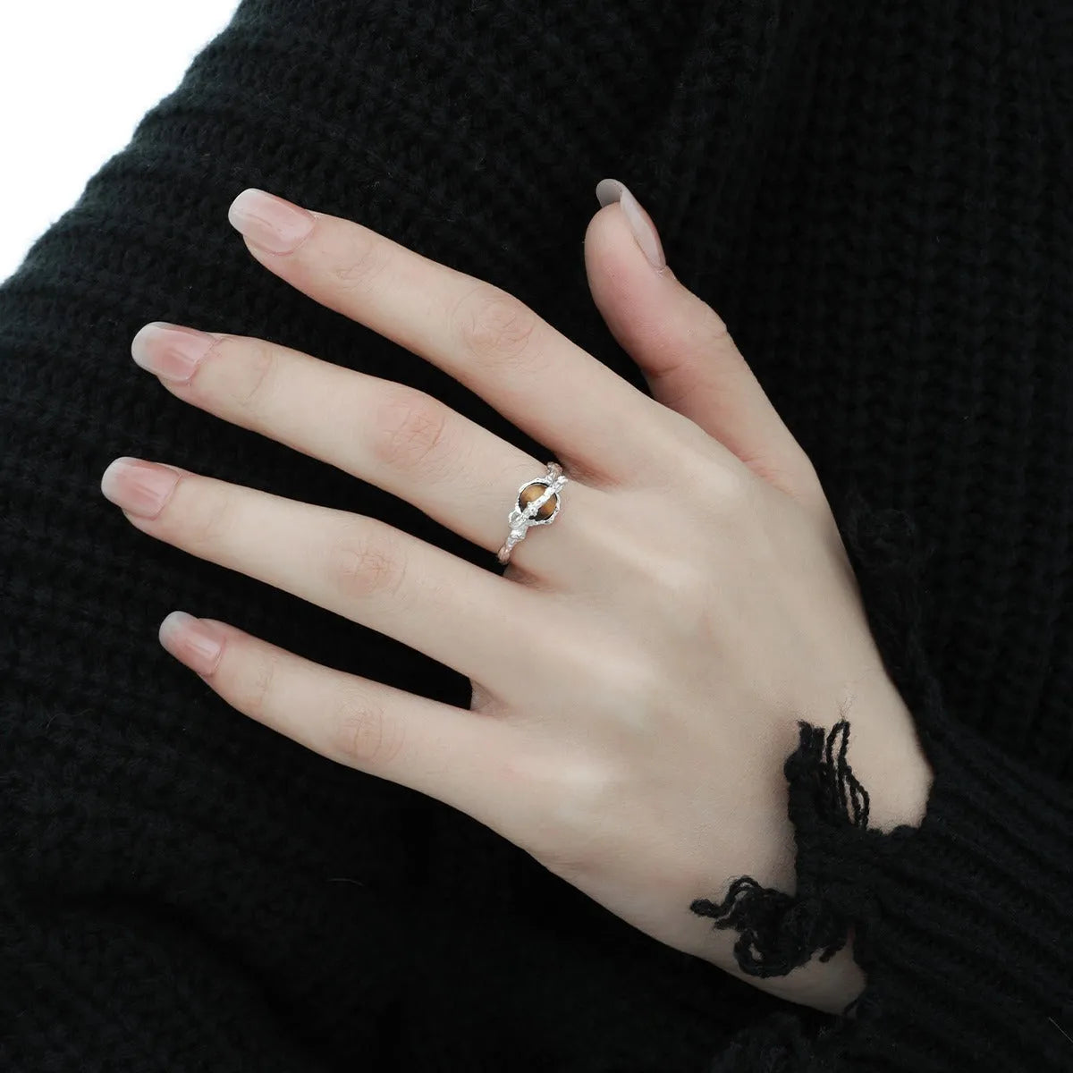 Saturn design adjustable silver open ring with white gold electroplating and tigereye pattern