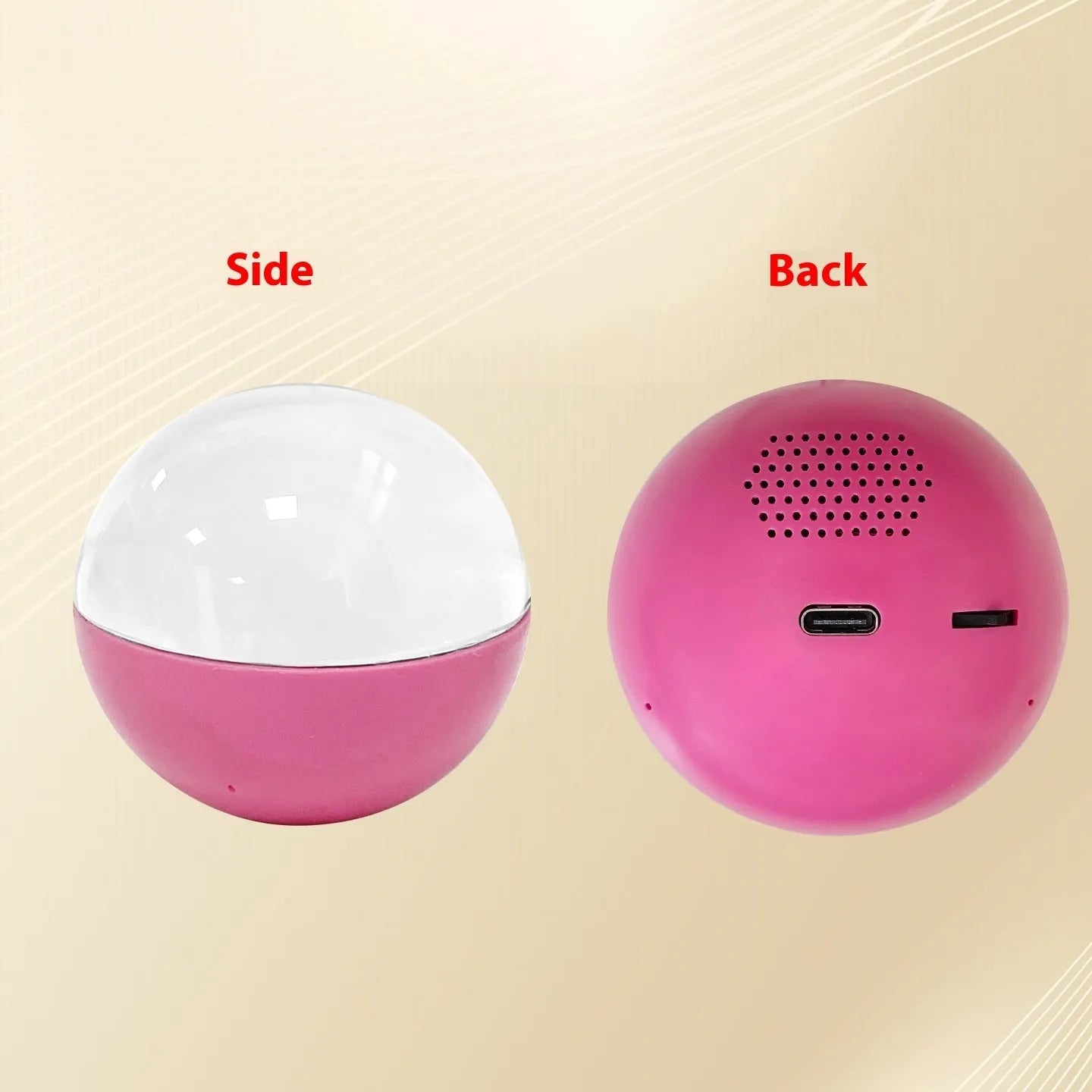 Small round electronic ball video player with dial control on a coloured plastic shell.