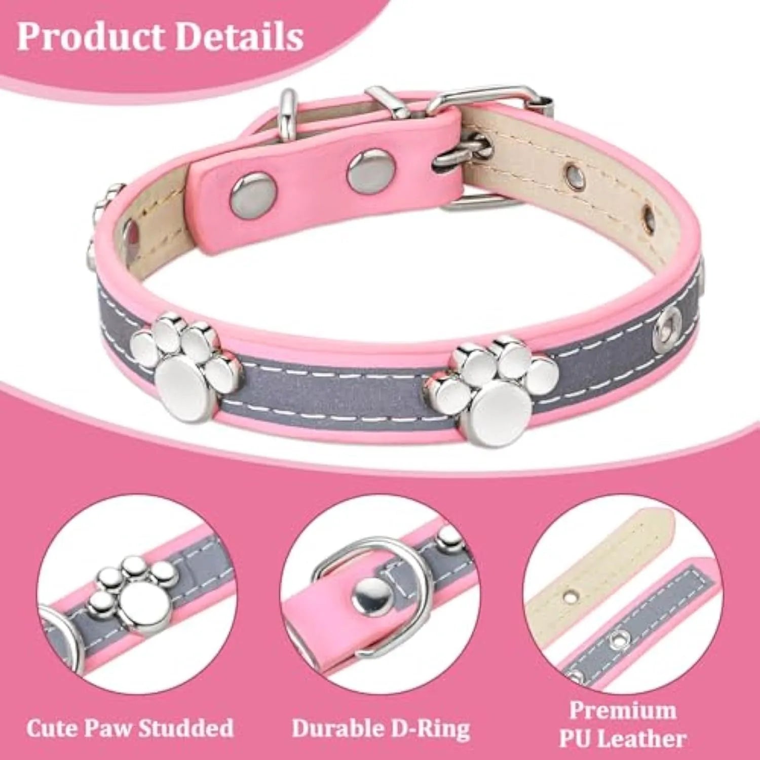 Reflective adjustable PU leather dog collar with a metal buckle and decorative paw rivet.