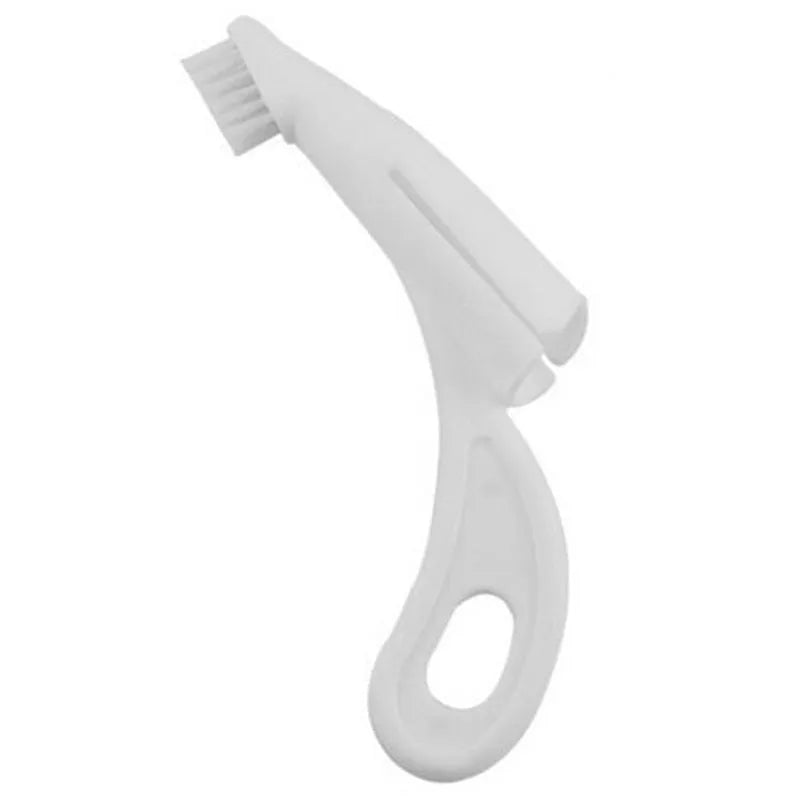 Red and white finger-sleeve toothbrush for pet dental cleaning with soft silicone bristles.