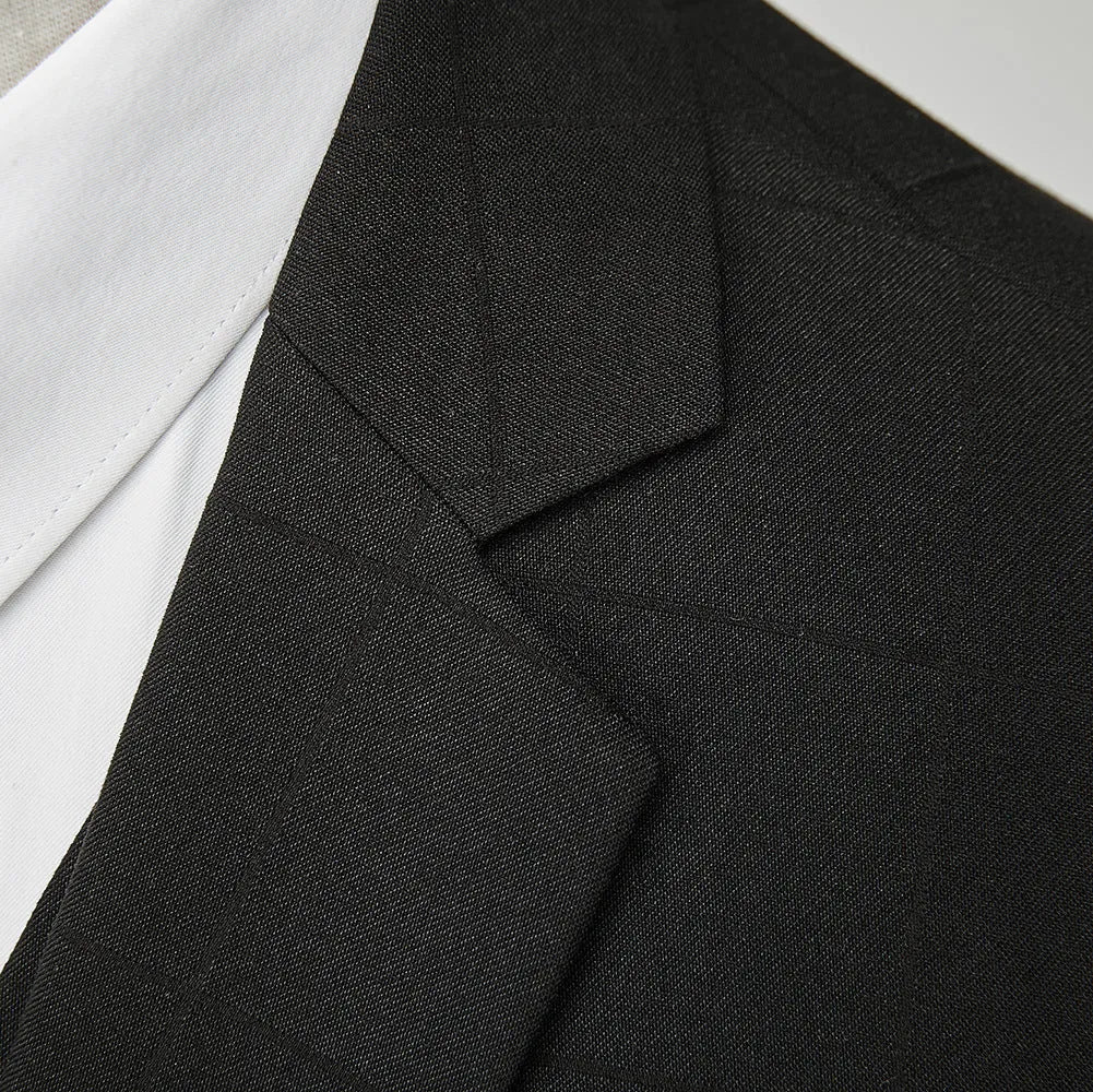Men's three-piece plaid suit in navy blue or black featuring slim fit jacket vest and trousers for business casual wear
