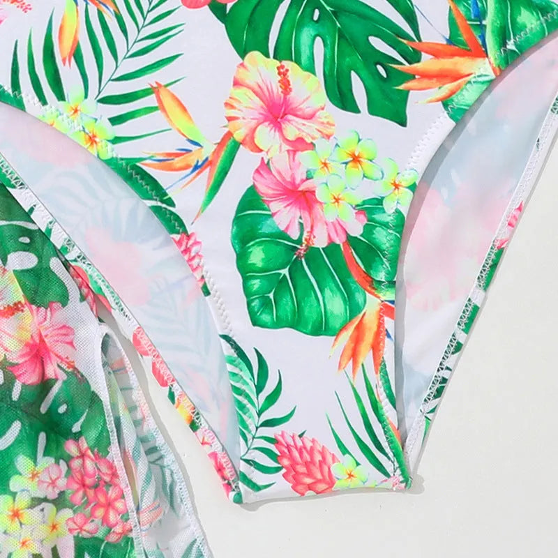 Girls floral two-piece swimsuit set with matching overclothes in picture colour
