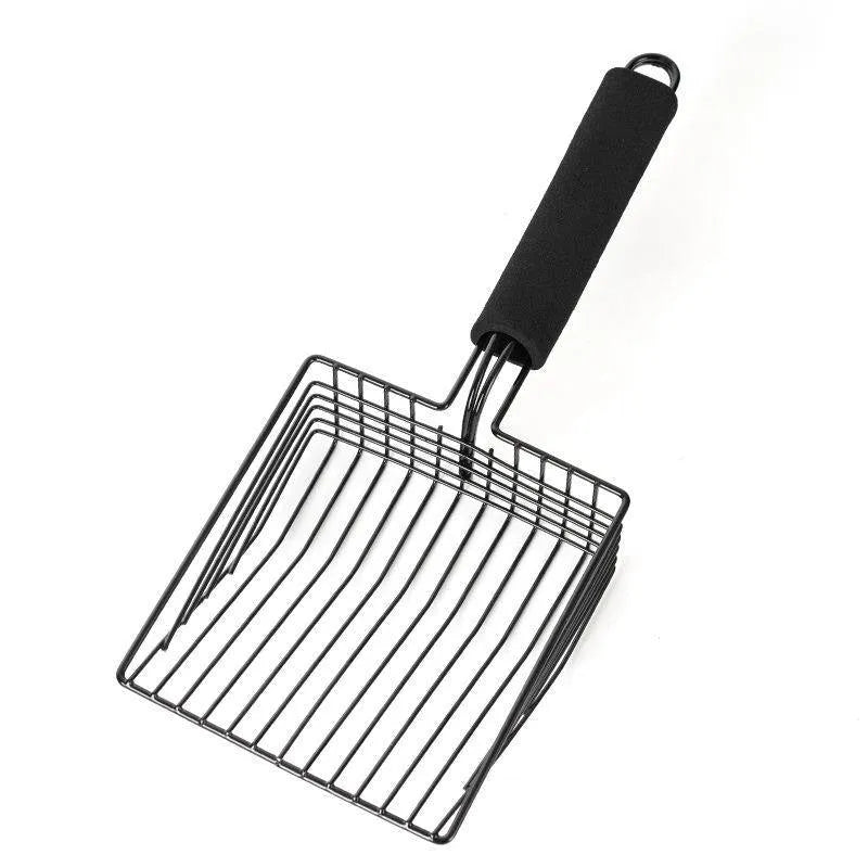 Black alloy metal cat litter scoop with narrow 0.8cm slots for sifting clumping litter.