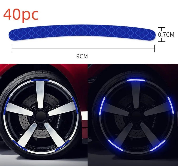 Pack of 20 arc-shaped reflective PVC stickers for car wheel hubs in various fluorescent and metallic colours