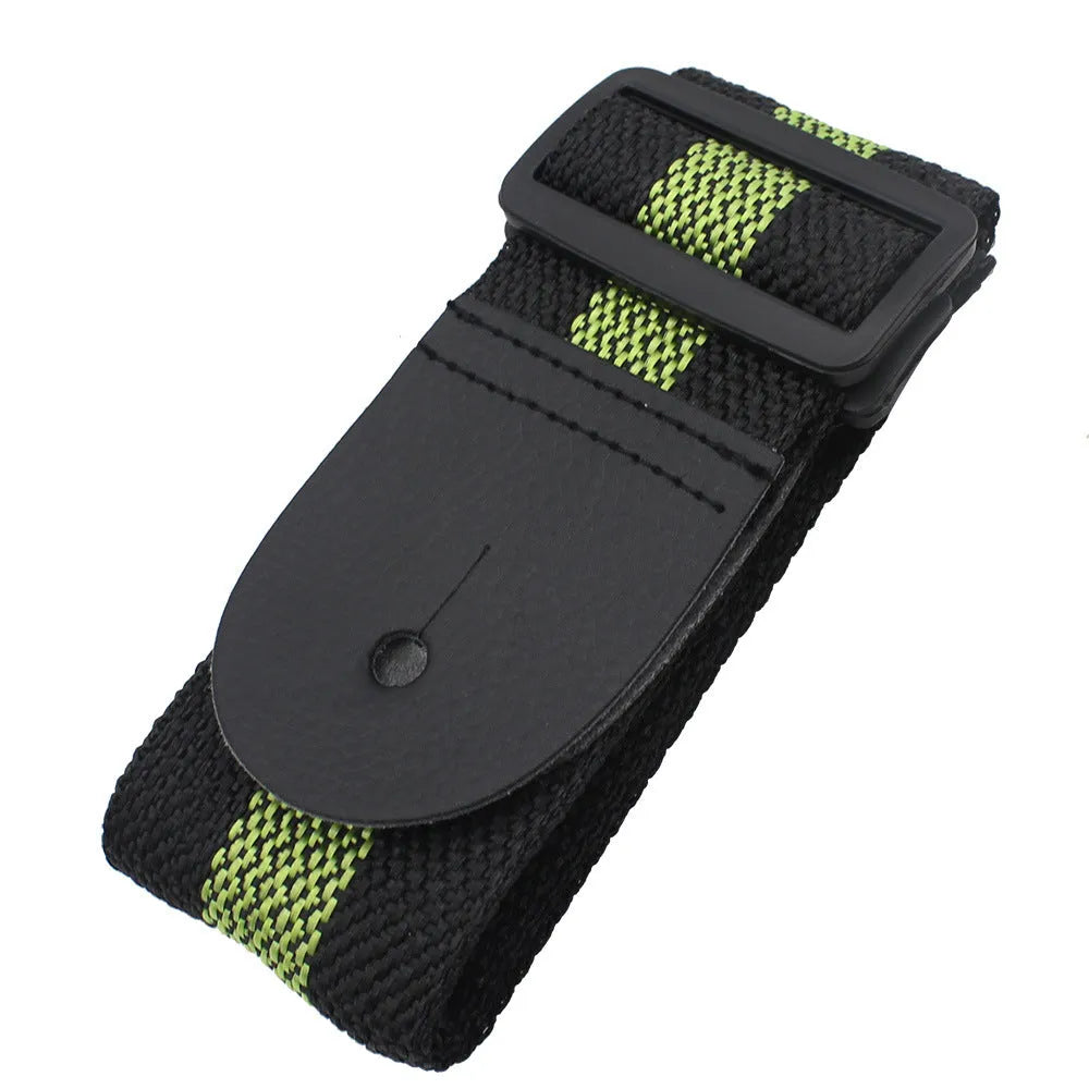Woven striped guitar strap in army green colour on instrument