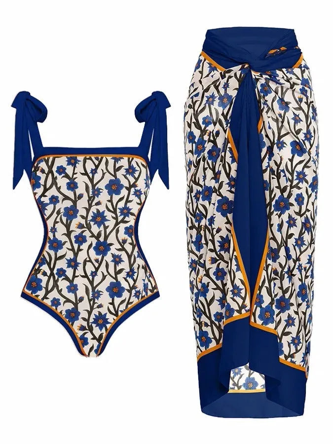 Women's printed chiffon two-piece swimsuit with matching skirt in floral pattern