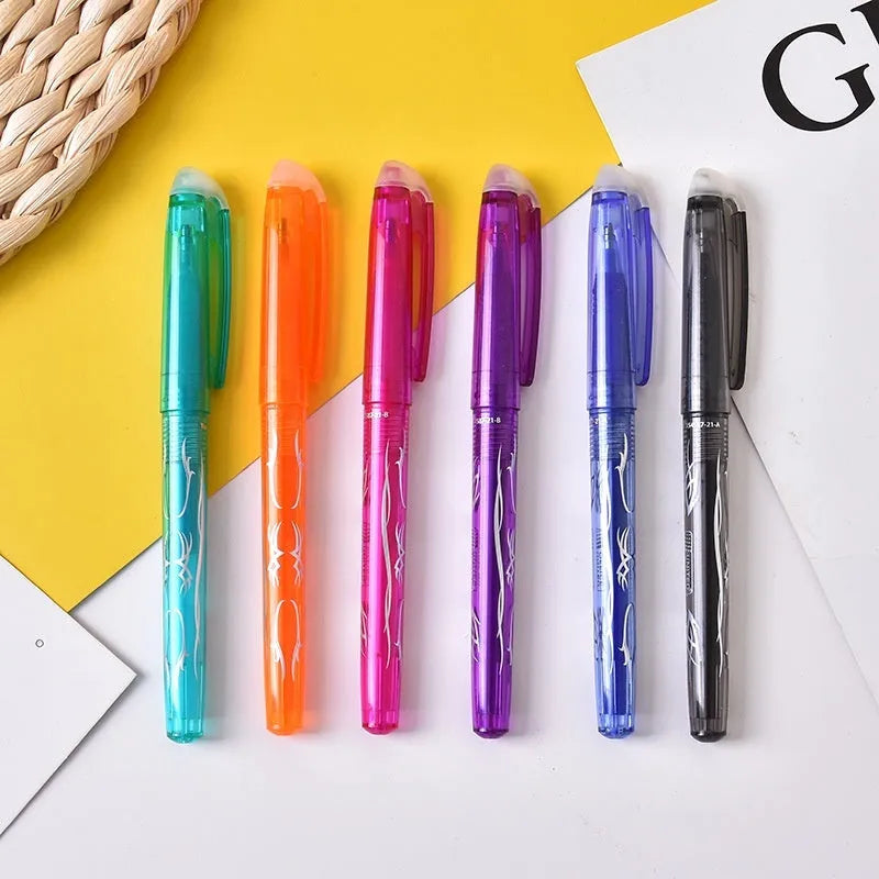 A set of heat-erasable gel pens with plastic barrels and stainless steel nibs, shown in multiple colours.