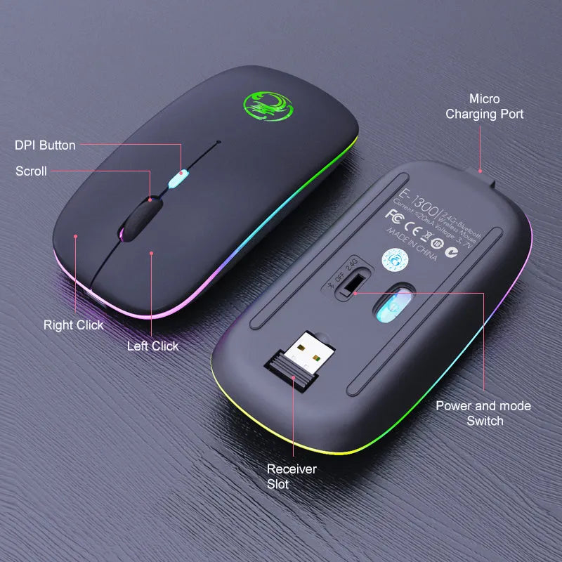 Luminous charging Bluetooth dual-mode wireless silent mouse in black or white with adjustable DPI
