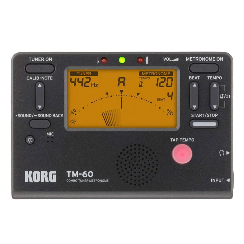 TM-60 digital electronic metronome with plastic shell and display showing tempo settings