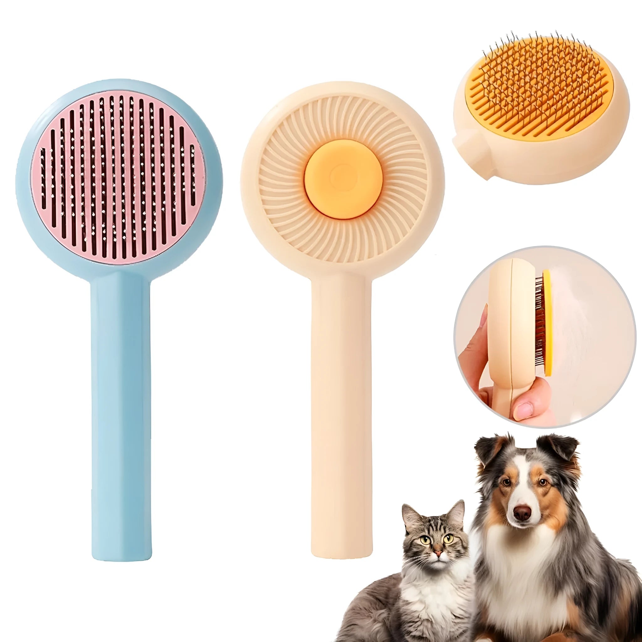 Blue and yellow pet grooming brush with metal pins and a self-cleaning button on the handle.