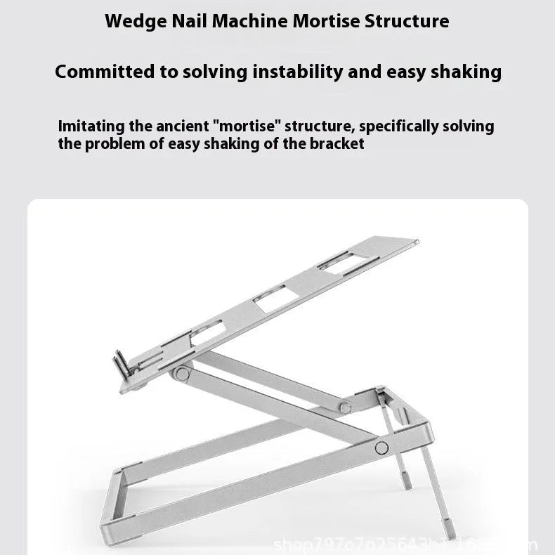 Aluminium alloy folding laptop cooling rack in silver, shown open with a notebook placed on top.