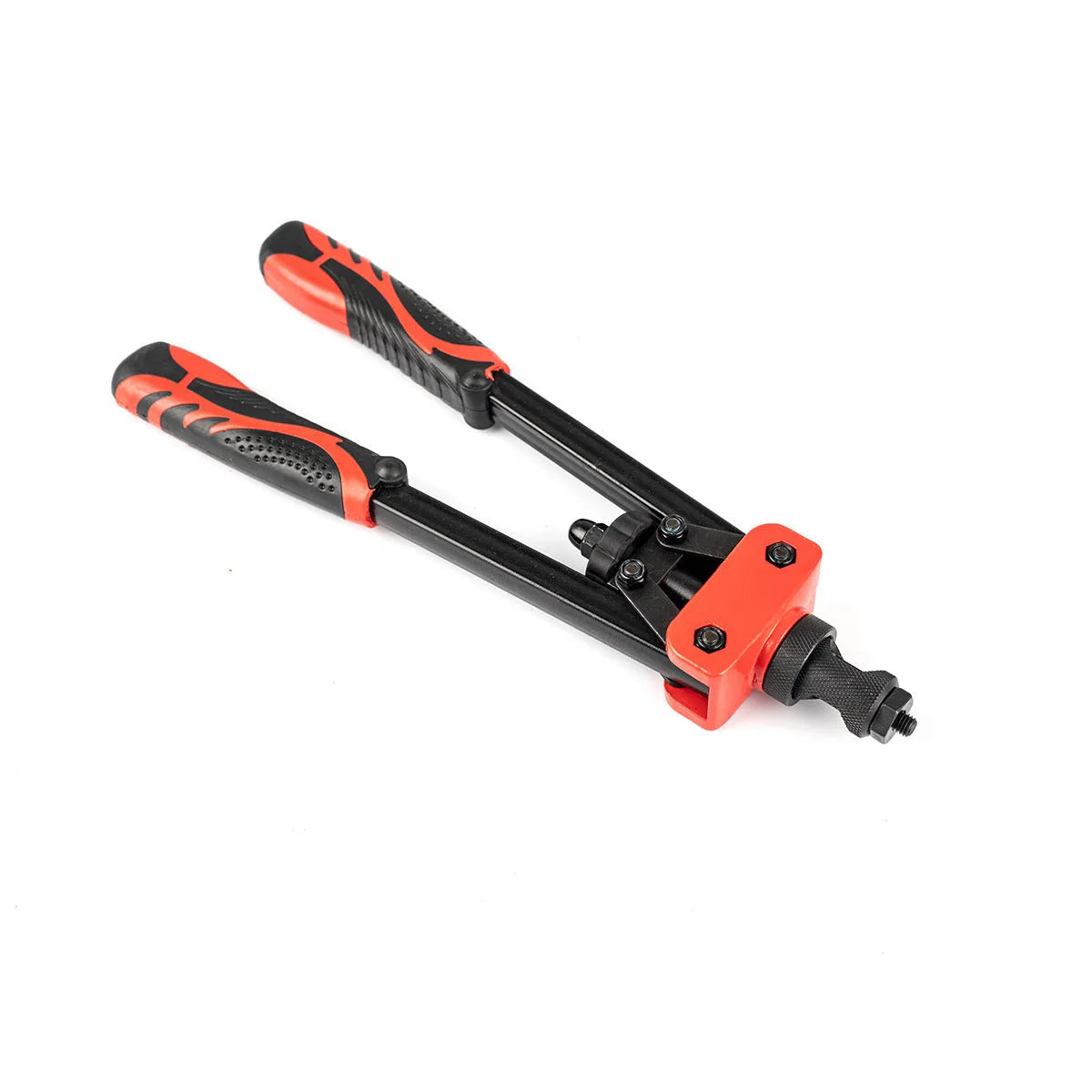 CQ14 14-inch alloy rivet nut tool with set of six metric gun tips on a workbench.