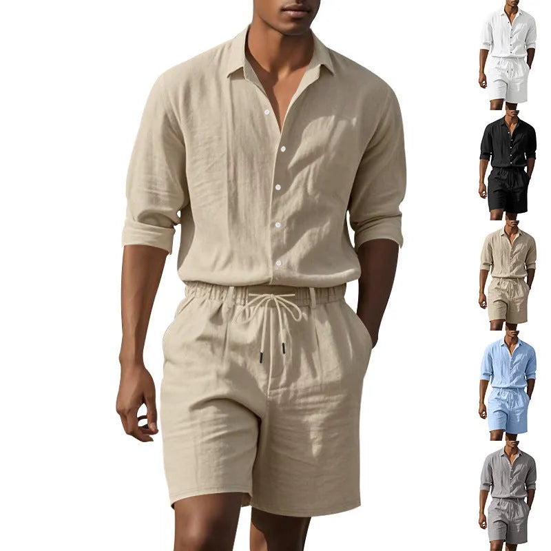 Men's linen summer casual suit with long sleeve shirt and shorts in multiple colours