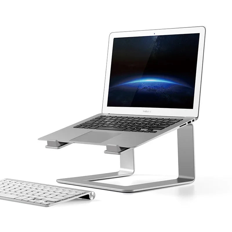Black aluminium alloy laptop stand on desk elevating computer for ergonomic use