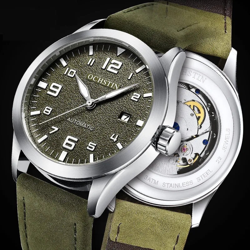 Men's automatic mechanical watch with leather strap and retro business style in multiple colour options
