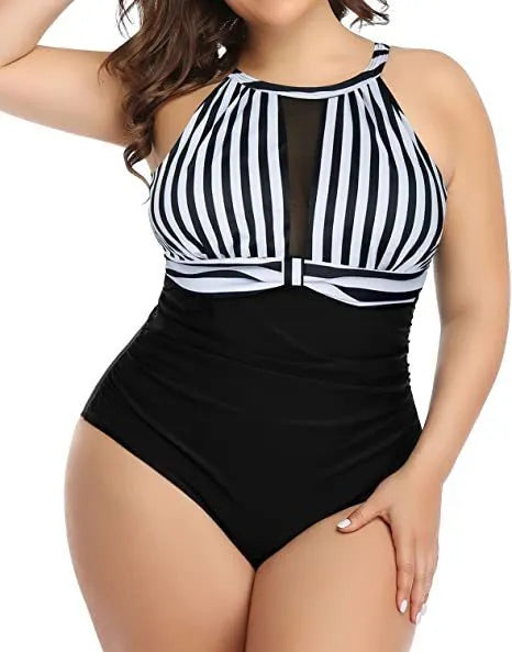 Women's black lace-trimmed one-piece swimsuit on a hanger