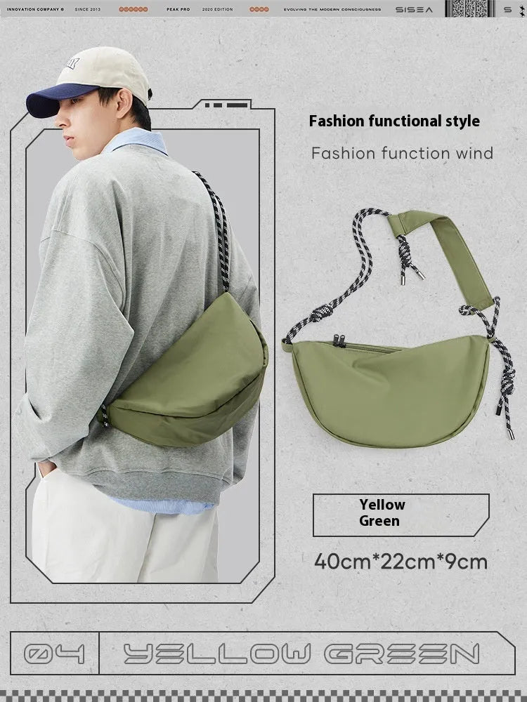 Men's nylon messenger backpack in black colour showing large capacity interior and lightweight construction