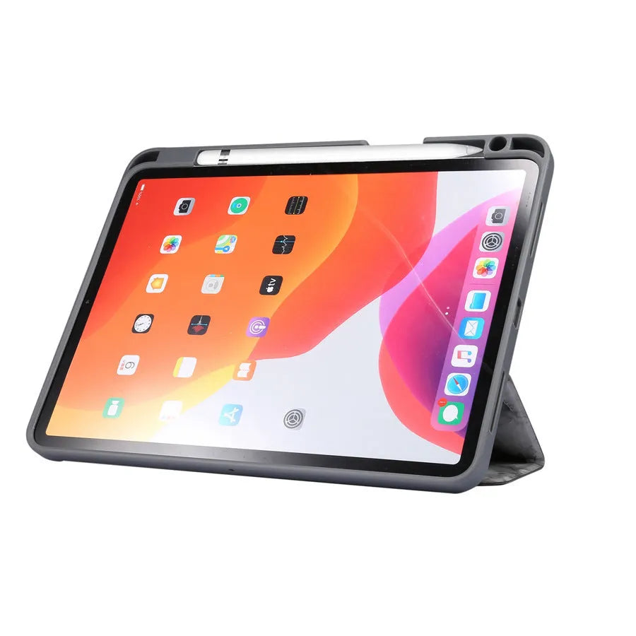iPad tri-fold marbling imitation leather case with pen slot and card holder in multiple colours.