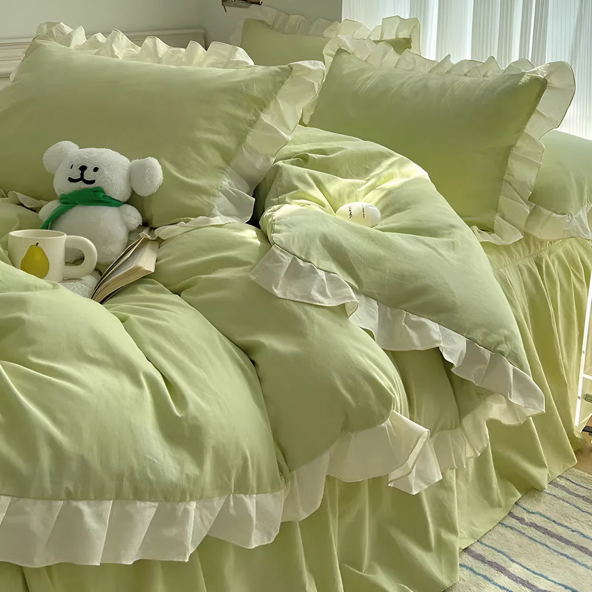 Mori style solid colour washed cotton bedding four-piece set with quilt cover on a bed.