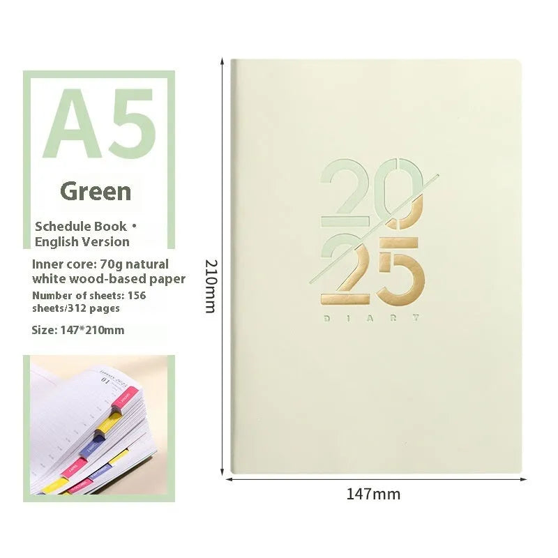 A5 2025 daily planner schedule book with faux leather cover shown in blue colour option