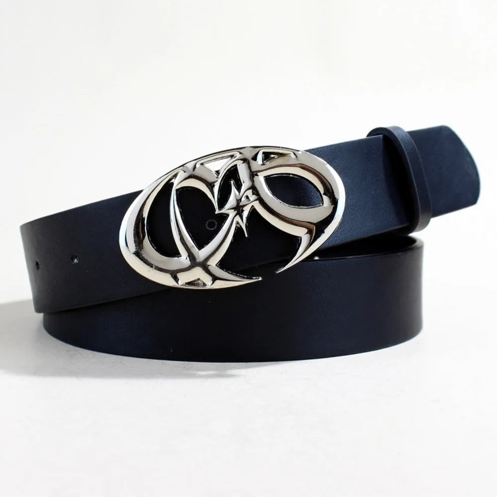 Silver buckle casual belt made from black PU leather with snap button fastening, 3.3cm wide