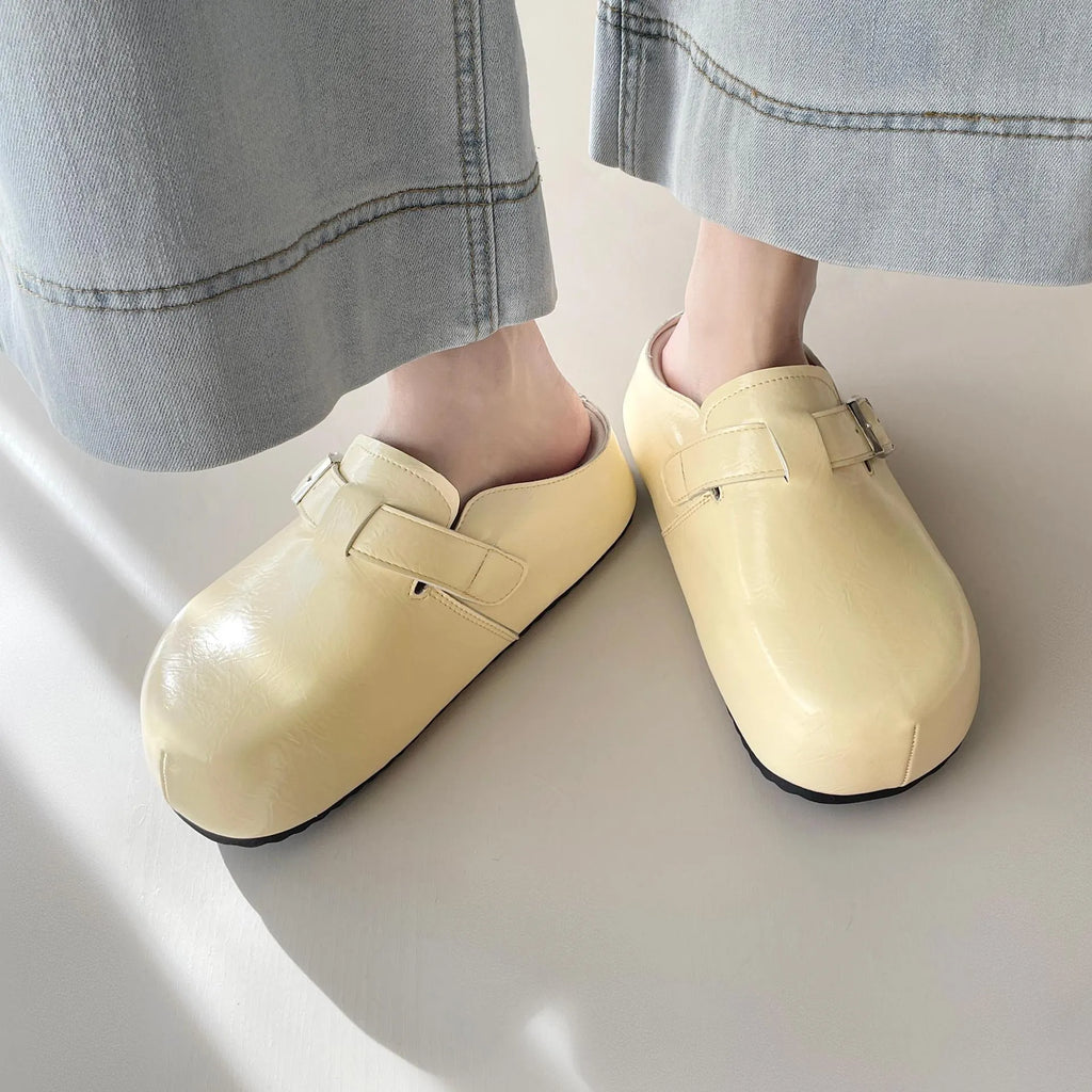 Flat buckle casual sneakers in beige, black, silver, or yellow with round toe and PU upper