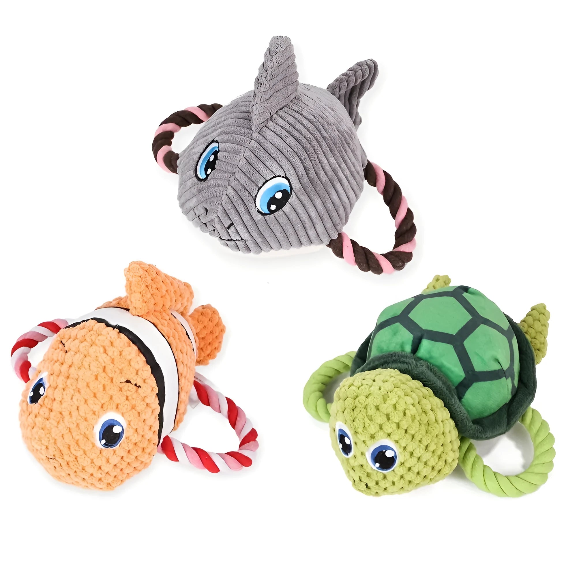 Turtle shaped plush dog toy with knotted rope limbs and squeaker in grey green orange colours