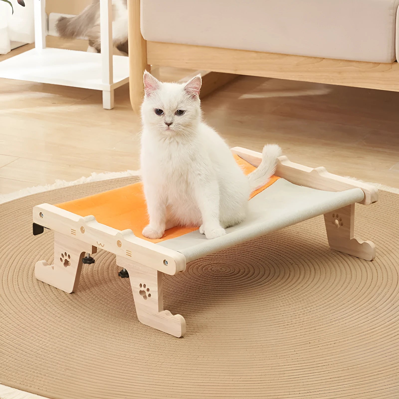 Wooden cat hanging bed hammock with fabric cushion in one of seven style designs