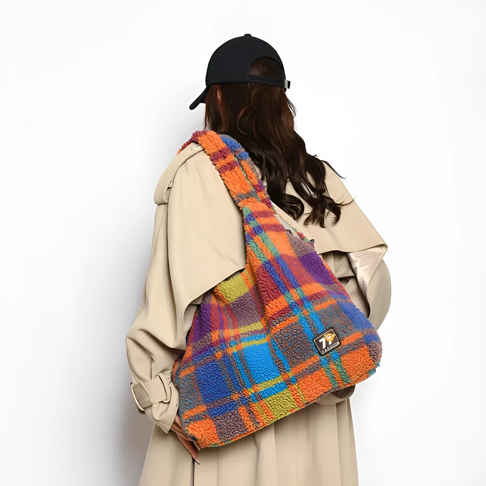 Women's army green plush plaid crossbody tote bag with sandwich pocket and large capacity